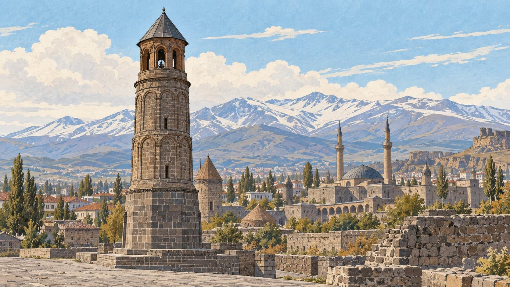 Illustration of Erzurum Clock Tower (tepsi Minare), Erzurum