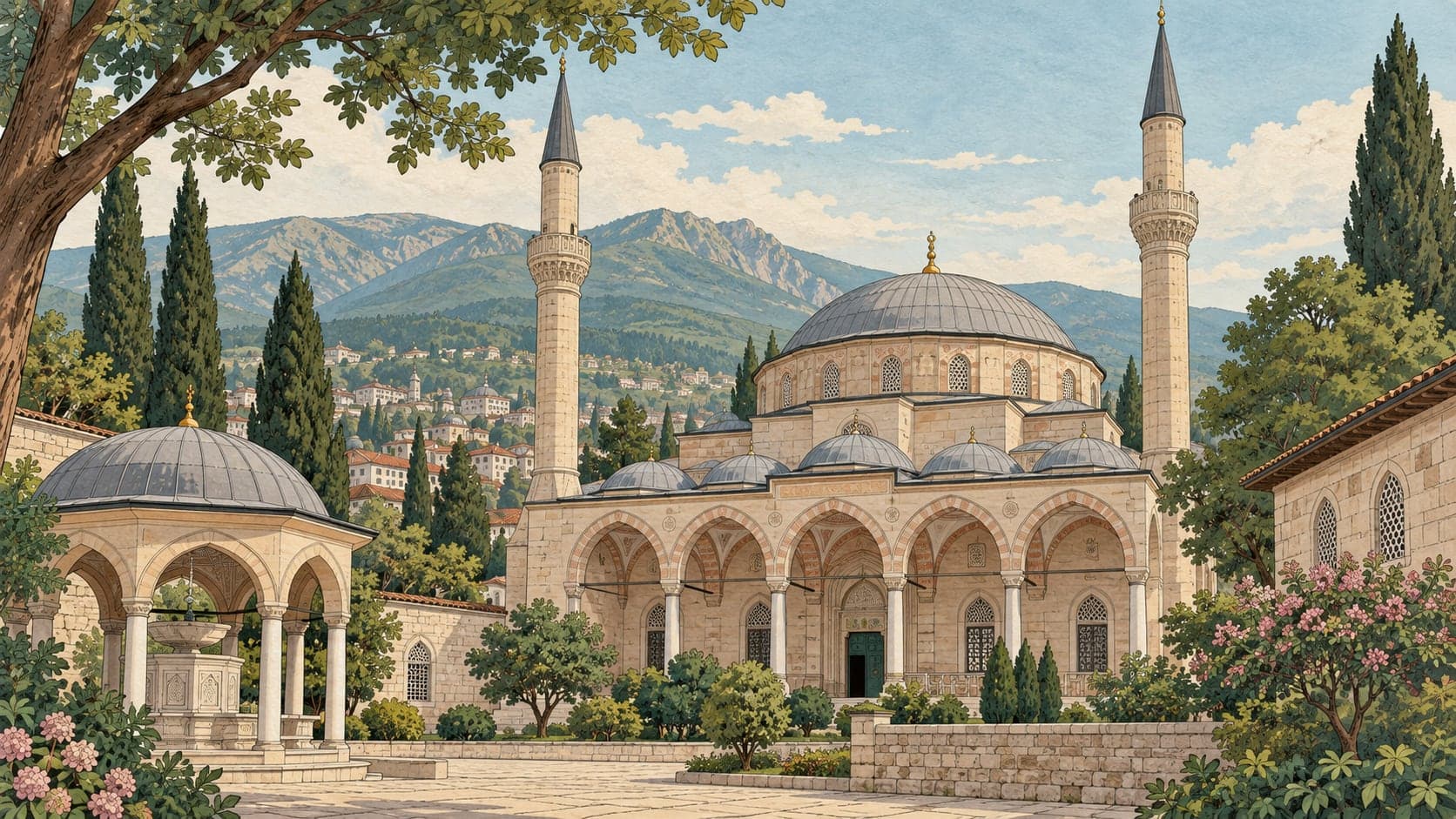 Illustration of Muradiye Mosque, Bursa