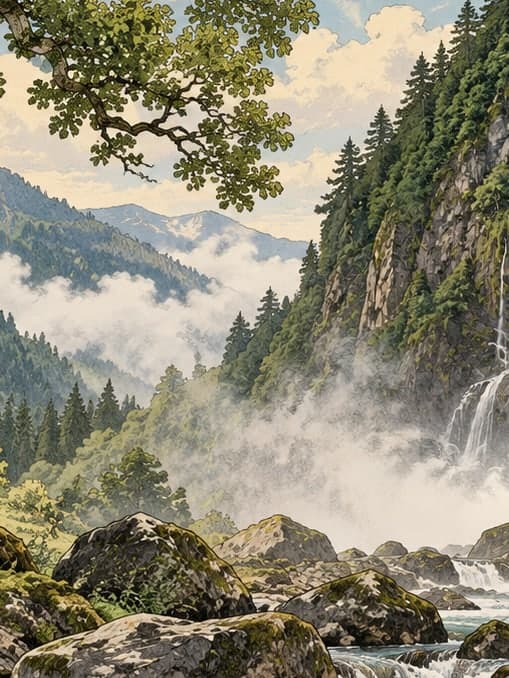 Illustration of Tar Stream Bulut Waterfall Natural Monument, Rize