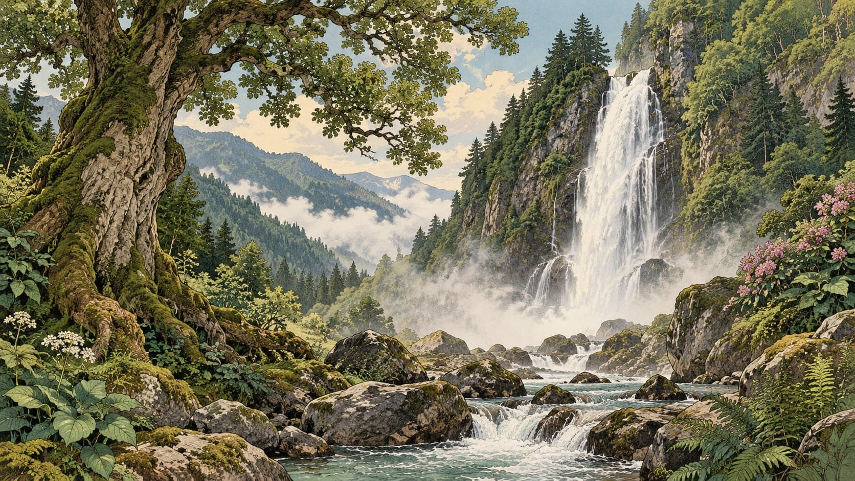 Illustration of Tar Stream Bulut Waterfall Natural Monument, Rize
