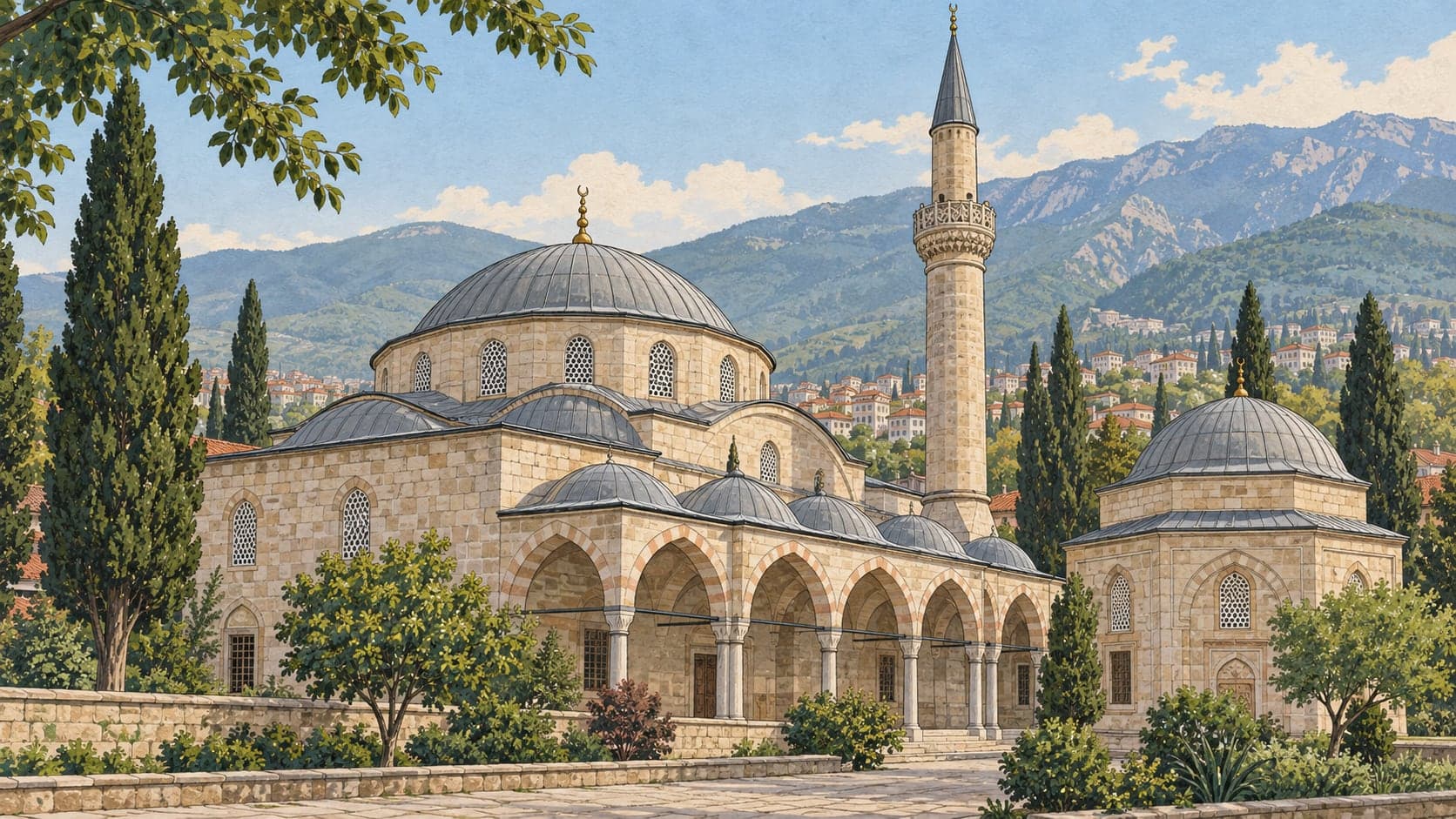 Illustration of Yakup Çelebi Mosque and Tomb, Bursa