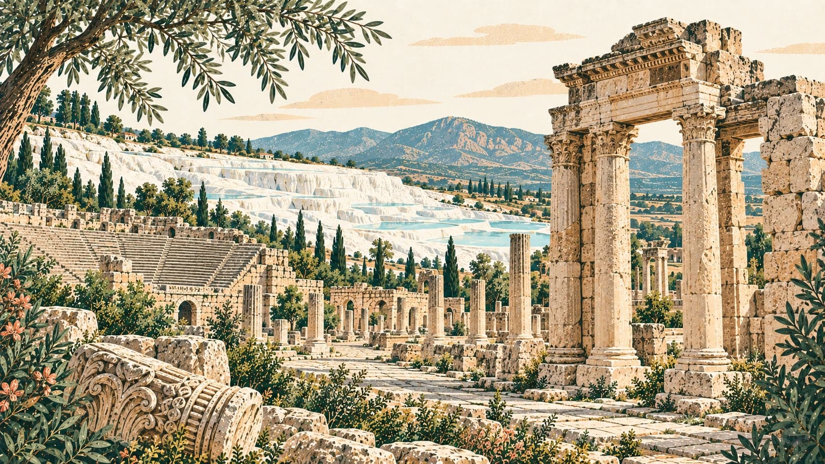 Illustration of Pamukkale Hierapolis Ancient City, Denizli