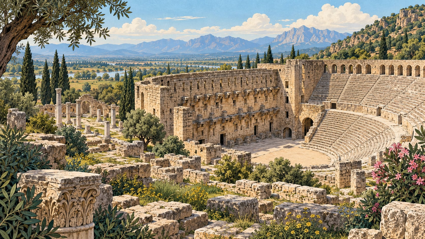 Aspendos Archaeological Site çizimi, Antalya