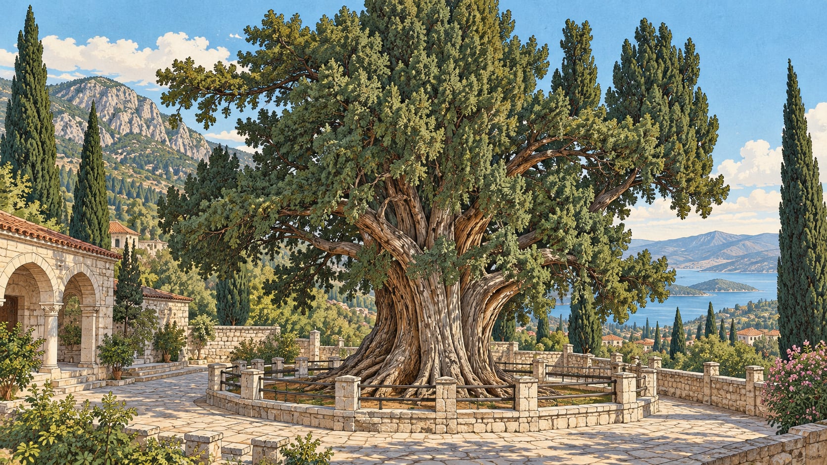Bayır Cypress Tree Natural Monument çizimi, Muğla