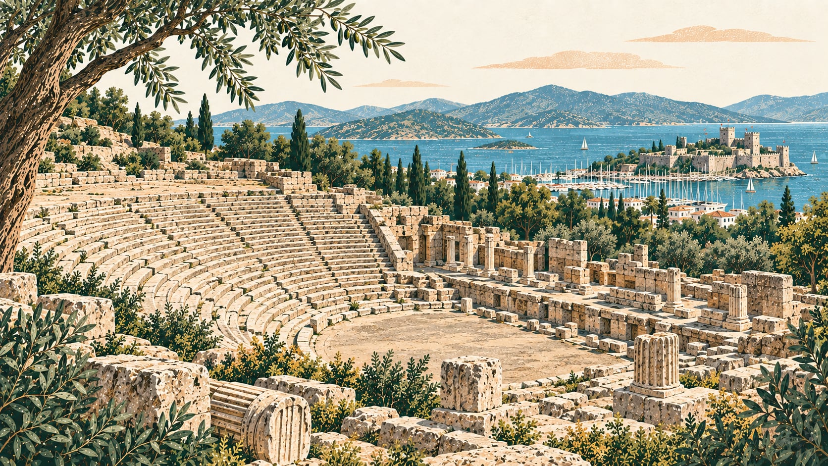 Bodrum Antik Tiyatrosu çizimi, Muğla