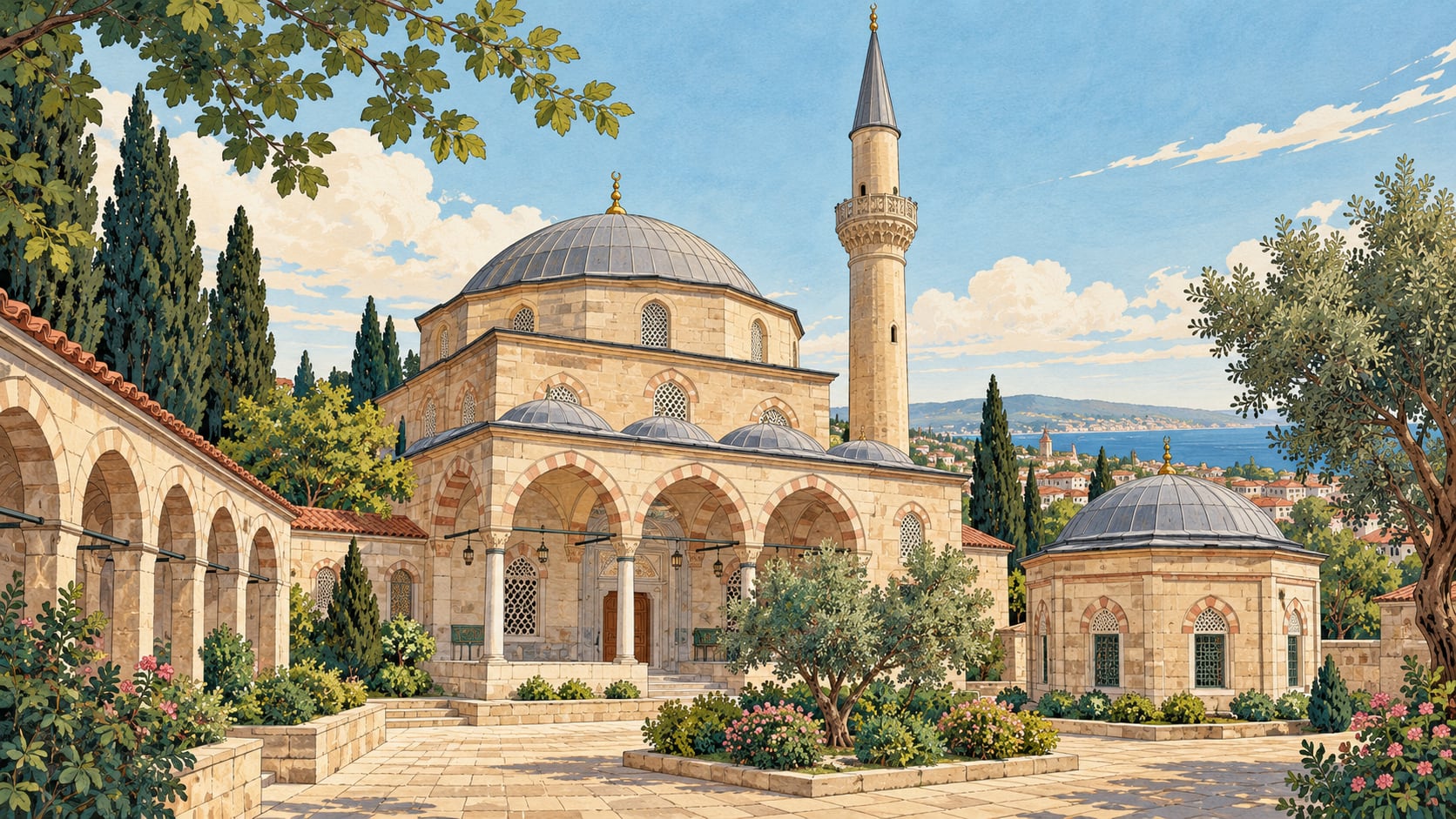 Gazi Ömer Bey Mosque and Tomb çizimi, Tekirdağ