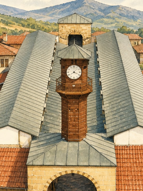 Ilustración: Bedesten y Torre del Reloj de Gümüşhacıköy, Amasya