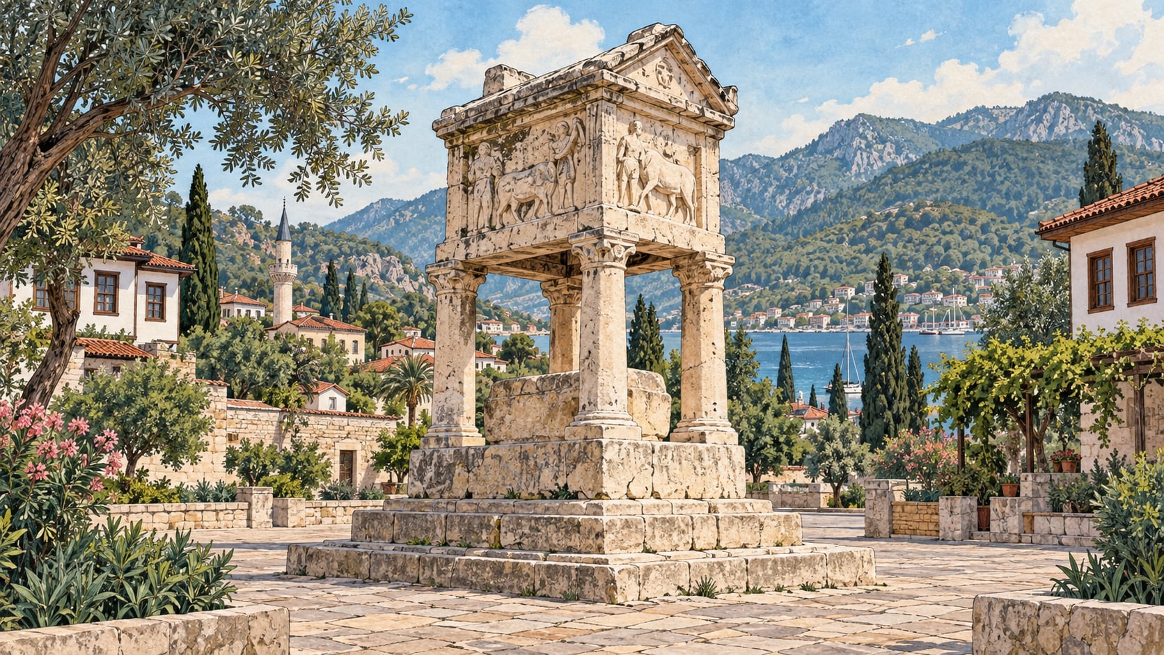 Gümüşkesen Funerary Monument çizimi, Muğla