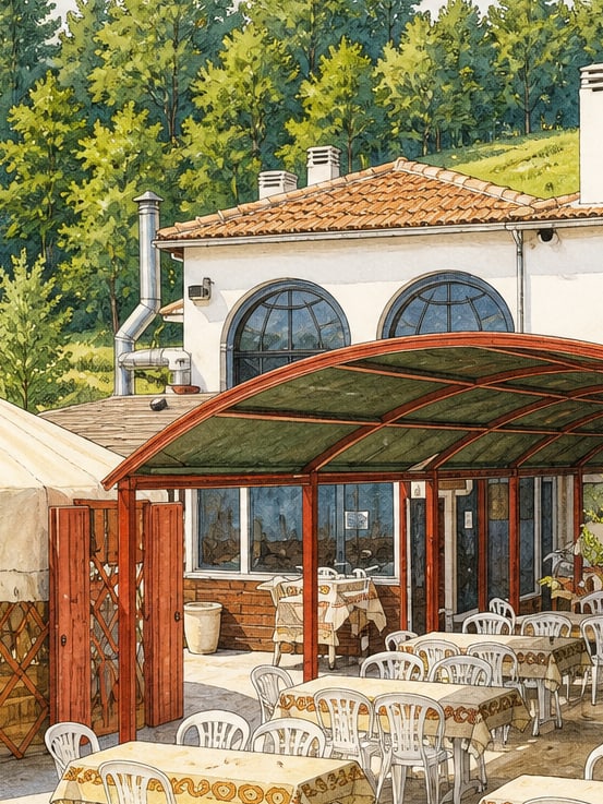 Zeichnung: Kımız-Farm im Alaş-Kasachen-Tal von Kemalpaşa, İzmir