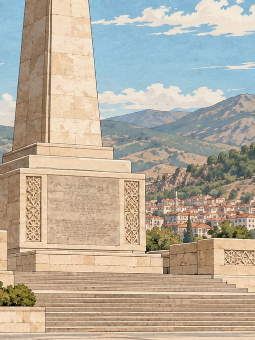 Zeichnung: Atatürk-Denkmal und Inschrift auf dem Kocatepe, Afyonkarahisar