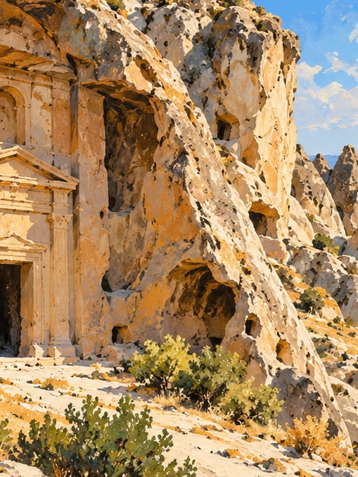 Zeichnung: Lukyanus-Inschrift und Reiter-Felsrelief, Konya