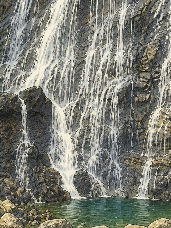 Zeichnung: Mençuna-Wasserfall, Artvin