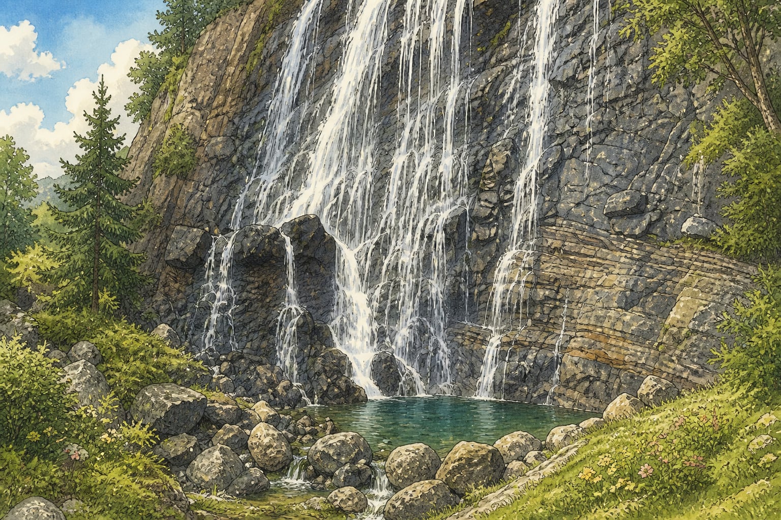 Mençuna Waterfall çizimi, Artvin