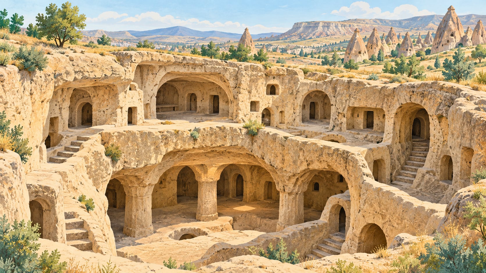 Özkonak Underground City çizimi, Nevşehir