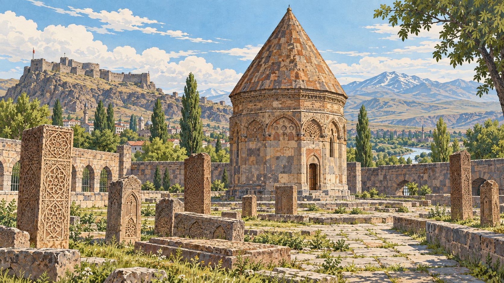 Seljuk Tomb Tower and Seljuk Cemetery çizimi, Kars