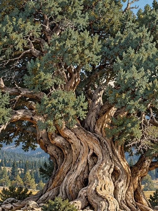 Zeichnung: Naturdenkmal Ulu-Wacholder auf der Söğüt-Hochweide, Isparta
