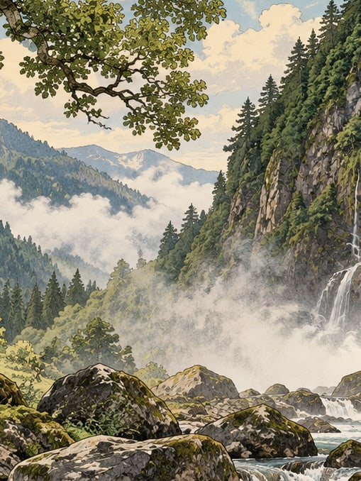 Zeichnung: Naturdenkmal Tar-Bach-Wasserfall Bulut, Rize