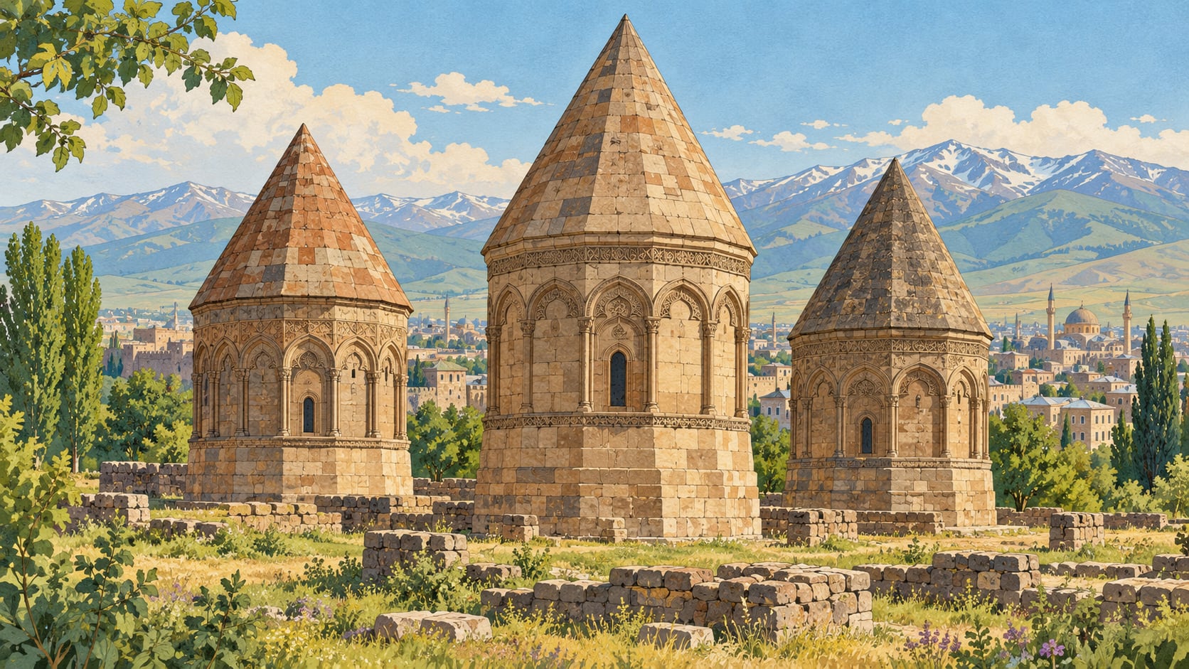 Three Tomb Towers çizimi, Erzurum