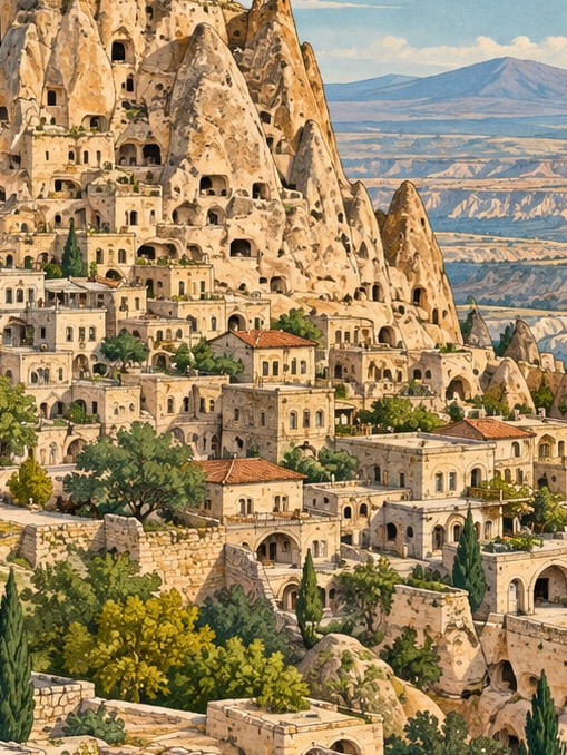 Zeichnung: Burg von Uçhisar, Nevşehir