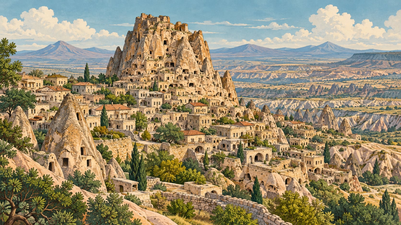 Uçhisar Castle çizimi, Nevşehir