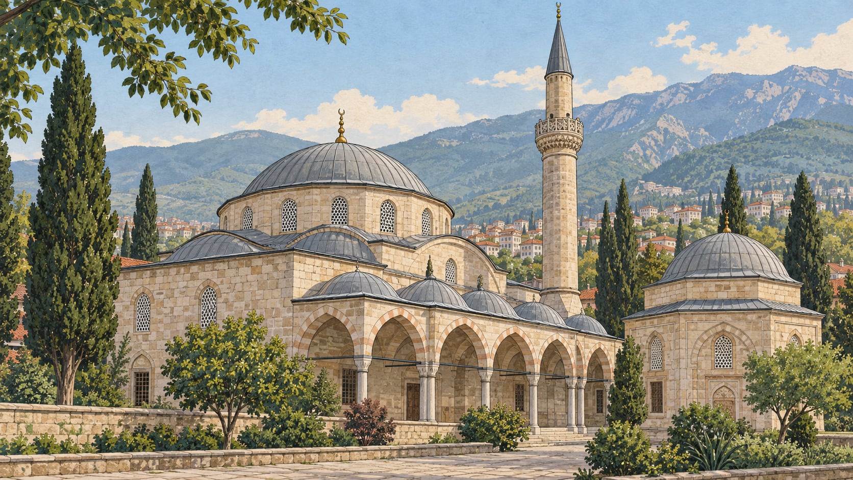 Yakup Çelebi Mosque and Tomb çizimi, Bursa